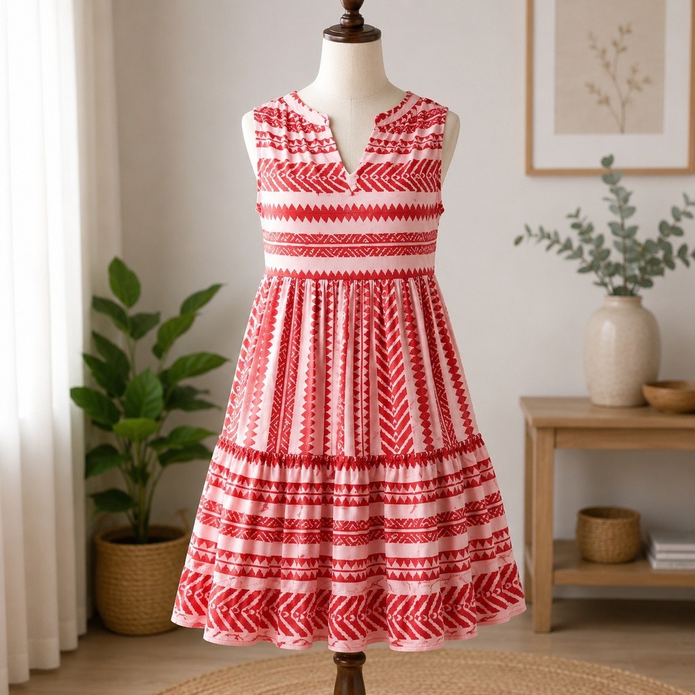NWT Cupshe Geometric‎ Print Dress Womens Small Pink Red V-Neck Tiered Sleeveless